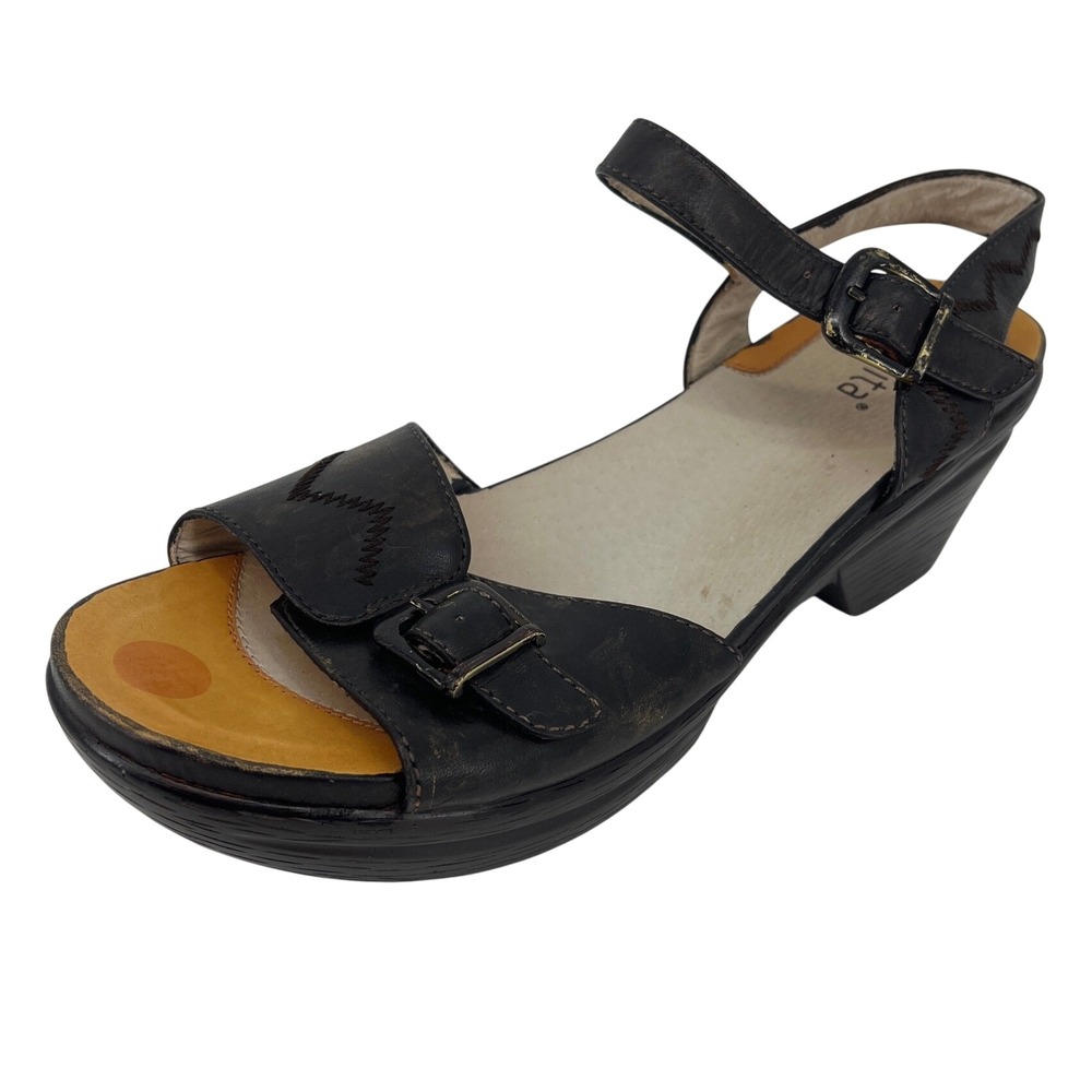 Sanita Dawn Wedge Sandals Womens 42 Brown Good Leather Buckle‎ Zigzag Stitch